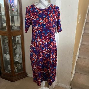 NWT XL Lularoe Julia form fittin dress-dark purple bkgrd w multi color triangles